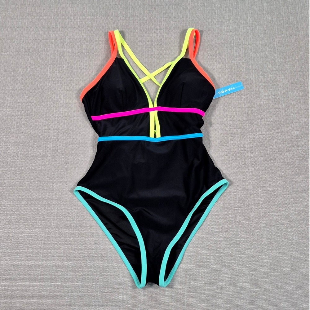 Popvil Womens One Piece Swimsuit Black Neon Colorblock‎ Tummy Control Size S NEW